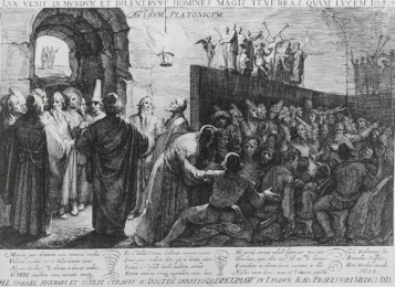 Χαλκογραφία του Jan Saenredam (1604) που απεικονίζει την Αλληγορία του Σπηλαίου του Πλάτωνα