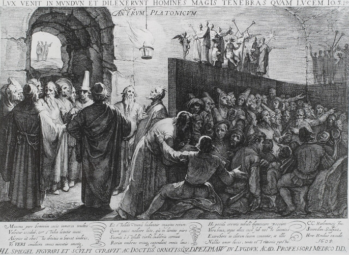 Χαλκογραφία του Jan Saenredam (1604) που απεικονίζει την Αλληγορία του Σπηλαίου του Πλάτωνα