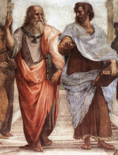 Ο Πλάτων και ο Αριστοτέλης στη Σχολή των Αθηνών του Ραφαήλ· ο Αριστοτέλης κρατά τα Ηθικά